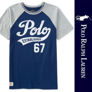 新品 POLO RALPH LAUREN BOYS S/S T-SHIRT ポロ ラルフローレン ボーイズ 半袖Ｔシャツ ネイビー グレー コットン ラグラン ポニー L 正規