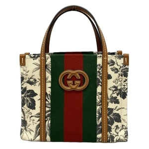 グッチ GUCCI トートバッグ 727735 インターロッキングG ミニ トートバッグ レザー アイボリー×ダークグレー×マルチ 花柄/日本限定 美品