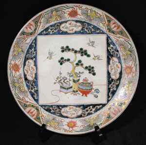 古伊万里 染付 金彩 色絵 唐草文 鳳凰 花籠 花鳥図 31cm 大皿 bo-大14b2195