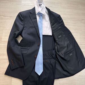 【BURBERRY】 バーバリー ブラックレーベル 38R( L相当) ダークネイビー ストライプ 紺 スーツ 背抜き セットアップ メンズ BLACK LABEL