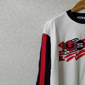 FILA フィラ トレーナー プルオーバー トップス 袖ボーダー ブランドロゴ ショート丈 長袖 クルーネック ホワイト ブルー サイズS YFF42