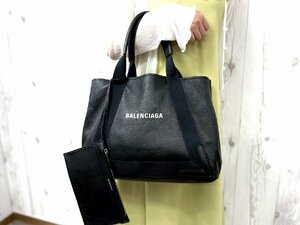 極美品 BALENCIAGA バレンシアガ ネイビーカバス トートバッグ ハンドバッグ バッグ レザー×キャンバス 黒 A4可 75180Y