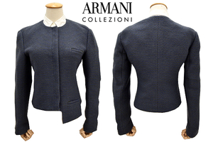 L-1741★超美品★ARMANI COLLEZIONI アルマーニコレッツォーニ★秋冬 イタリア製 正規品 ネイビー フライフロント ノーカラージャケット 40