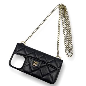 1円〜【希少 美品】CHANEL シャネル iPhoneケース カバー スマホショルダー ココマーク マトラッセ 斜め掛け レザー 本革 ブラック 黒 