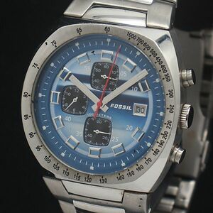 1円 稼動 良品 フォッシル QZ クロノグラフ デイト ブルー文字盤 メンズ腕時計 0002000 5MBT MTM