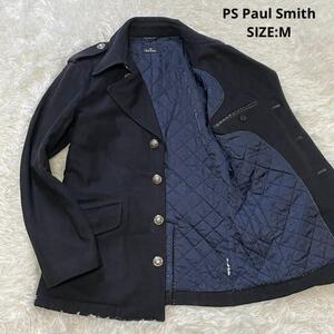 PS Paul Smith ポールスミス 銀ボタン カシミヤ混 シングルピーコート キルティング 中綿入り サイズM ブラック 黒 メンズ 紳士 