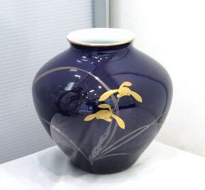 1円～◆陶磁器◆香蘭社 花瓶 花入れ 壺 置物 金彩 瑠璃色 ラン 花絵 高さ約20.7cm 中古 現状品 詳細不明 長期保管品