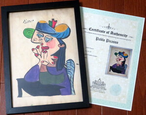 パブロ ピカソ Pablo Picasso 1963年 COA付属 ミクストメディア 額付き 肉筆 油彩 ペーパー 紙 模写