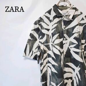 【レア】ZARA　総柄 アロハシャツ アシンメトリックカラー　半袖　ポロシャツ ザラ メンズ M ブラック ポルトガル製