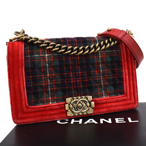 1円 ◎美品 CHANEL シャネル チェーンショルダーバッグ ボーイシャネル ココマーク チェック ベロア レザー レッド◎EZ.Dmo.oR-it14