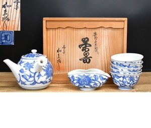 NY6-136【現状品】平安和泉　染付花唐草紋　茶器揃　清水焼　茶道具　急須　湯呑　湯冷まし　茶器　工芸品　煎茶道具　中古品　保管品