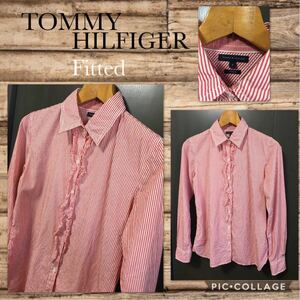 TOMMY HILFIGER トミーヒルフィガー 長袖 ブラウス シャツ フリル ストライプ 春夏 サイズ8 レディースM～Lぐらい 価格12000+税 美品