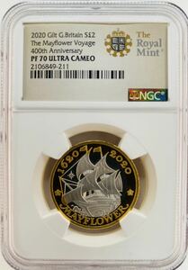 2020年 イギリス メイフラワー号 400周年 2ポンド 銀貨 NGC PF70ウルトラカメオ