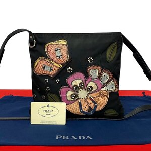 極 美品 PRADA プラダ 三角ロゴ 金具 フラワー パッチワーク ナイロン レザー ショルダーバッグ ポシェット サコッシュ ブラック 23499