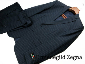 正規品 新品 Ermenegildo Zegna BB6 身長175㎝ 胴囲96㎝ ゼニア 秋冬 イタリア製生地 2ボタン ノータックスーツ ストライプ 紺 LL d423