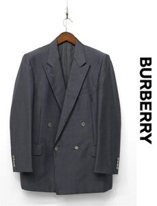 W090/美品 ヴィンテージ 90s BURBERRY ダブルジャケット 銀ボタン ロゴボタン 背抜き サイドベンツ ウール モヘヤ混 175 A6 L グレー