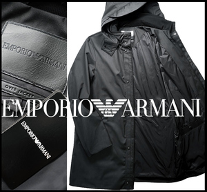 新品124,300円【EMPORIO ARMANIアルマーニ】洗練された佇まい/ハリのある光沢ウール調高密度オーバーフードコート44/XS-S-M-L相当/F