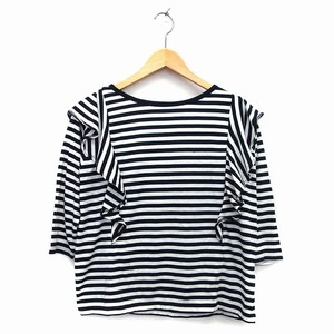 グローバルワーク GLOBAL WORK カットソー Tシャツ 丸首 七分袖 綿混 ボーダー フリル M ブラック 黒 アイボリー 白 /HT17 レディース