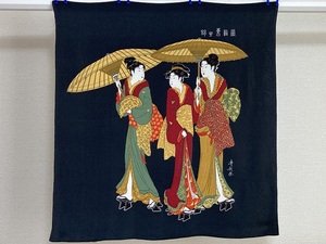 478.昭和レトロ◆中古◆可愛い浮世絵・美人画・三姉妹　風呂敷　清長画　Textile Art隅田川　縮緬　・・・◆67センチ×71センチ