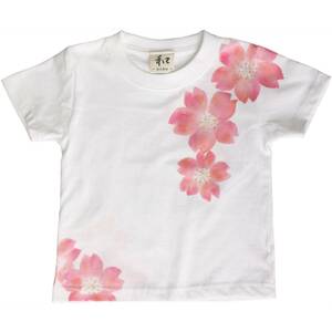 子供服 キッズTシャツ 130サイズ ホワイト 舞桜柄 Tシャツ ハンドメイド 手描きTシャツ 和柄 春