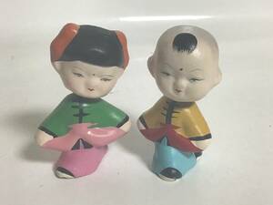 昭和レトロ 泥人形 土人形 中国 男の子 女の子 子供 ペア 首振り 置物 インテリア 郷土品 ビンテージ 