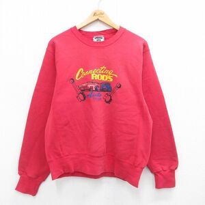 L/古着 リー Lee 長袖 スウェット メンズ 90s ホットロッド 車 ボロ クルーネック 赤 レッド 24aug30 中古 スエット トレーナー トップス