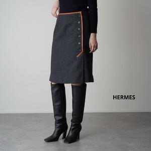 美品 HERMES エルメス ウールスカート レザーテープ パイピング サイドボタン ミモレ丈 裏地あり 台形シルエット 40 チャコールグレー