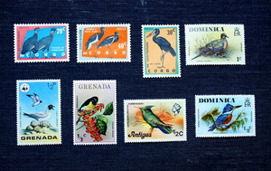 外国切手　鳥　８種未使用　コンゴ、ドミニカ、グレナダ、アンティグア