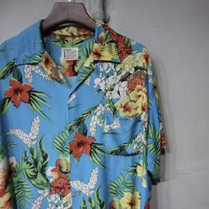 【即決】50-60s SEARS シアーズ ハワイアン アロハシャツ レーヨンシャツ 半袖 花柄 青 ブルー 古着 ヴィンテージ ビンテージ L