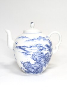 景徳鎮 御窯 染付 山水文 急須 煎茶道具 / 中国美術 唐物 細密画 線描 青花 青華 茶注 茶銚 ティーポット 茶壺 茶器 煎茶器