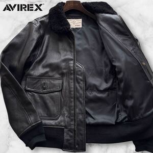 希少/XL相当◎アヴィレックス G-1 フライトジャケット AVIREX リアルムートン襟 ボア ゴートスキン レザー 山羊革 ブルゾン ブラック 黒 42