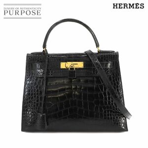 エルメス HERMES クロコダイル ケリー 28 2way ハンド ショルダー バッグ アリゲーター ブラック 外縫い 〇V刻印 ゴールド 金具 90236426