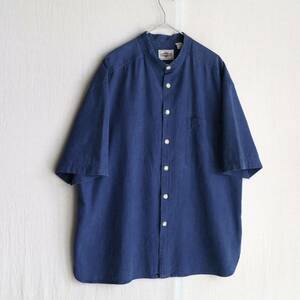 【インディゴ リネン】 90s USA vintage バンドカラー シャツ / XL コットン ネイビー ギャザー 半袖 ビンテージ T4-08139-9350