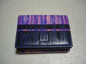 ★新品本物【ダンヒル・dunhill】前ポケットにも収まる！コンパクトな本革レザー三つ折りミニ財布/小銭入れ&カードポケット付きパープル柄