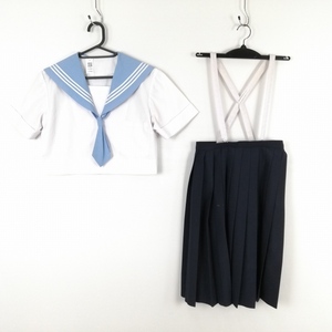 1円 セーラー服 スカート ネクタイ 上下3点セット 夏物 白3本線 女子 学生服 中学 高校 白 制服 中古 ランクC EY9004