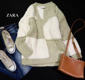 ザラ ZARA 大人可愛い☆ バイカラー ケーブルアラン ニットプルオーバー セーター M ゆったり オーバーサイズ