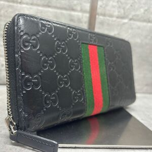 【極美品】GUCCI グッチ 長財布 ラウンドファスナー ジップ シェリーライン シマレザー 本革 ウォレット GG柄 メンズ ビジネス ブラック 黒