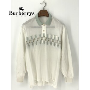 A9103/ビンテージ 80s 春夏 BURBERRY バーバリー コットン 長袖 ヘンリーネック 胸ロゴ刺繍 アーガイル柄 Tシャツ カットソー L 白 メンズ