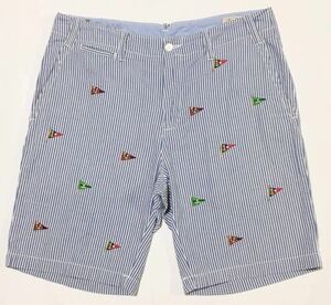 【美品】POLO RALPH LAUREN ポロ ラルフローレン 総柄ストライプショーツ W33/86㎝ マルチ フラッグ刺繍 ショートパンツ 短パン 正規品