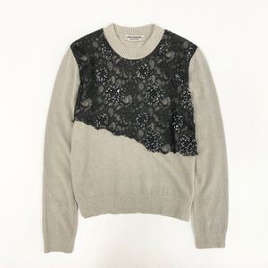 Pk26 JUNYA WATANABE COMME des GARCONS 長袖ニット クルーネックセーター レース ビジュー◎ ベージュ系 ウール混 レディース 女性服