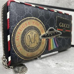 【希少/美品】 GUCCI グッチ 長財布 ラウンドファスナー ナイトクーリエ UFO 蛇 惑星 PVC GG柄 ブラック メンズ レディース 小銭入れ