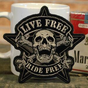 スカル ＆ クロスボーン 刺繍 ワッペン ◆ LIVE FREE RIDE FREE パッチ HLPA5100s