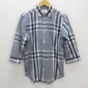 s■ユナイテッドアローズ/green label relaxing チェック柄七分袖シャツ ボタンダウンシャツ【M】白 黒/MENS/94【中古】