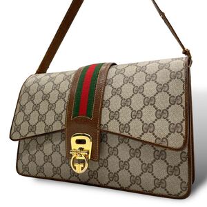 【稀少】1円〜 GUCCI グッチ PVC レザー シェリーライン ショルダーバッグ ゴールド金具 GGスプリーム GG柄 グレー 自立型 総柄