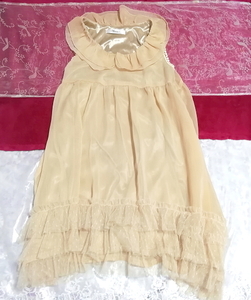 亜麻色裾レースシフォンノースリーブネグリジェチュニックワンピース Flax color lace chiffon negligee sleeveless tunic dress