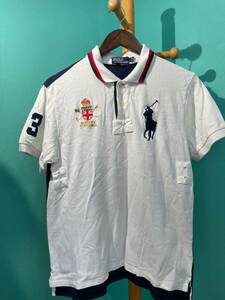 POLO by RALPH LAUREN ラルフローレン 胸刺繍ロゴ ポロシャツ メンズL 白/紺　中古品　古着