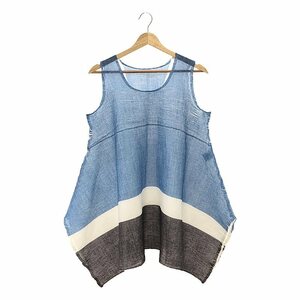 【美品】 me ISSEY MIYAKE / ミーイッセイミヤケ | シースルークレープ ライン ノースリーブトップス | ホワイト/ブラック/ブルー