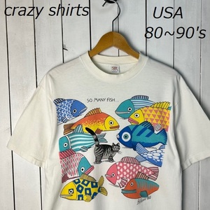 T●291 USA古着 80s～90s USA製 crazy shirts HAWAII 猫&魚 両面Ｔシャツ M 白 ヴィンテージ クレイジーシャツ ハワイ製 シングルステッチ