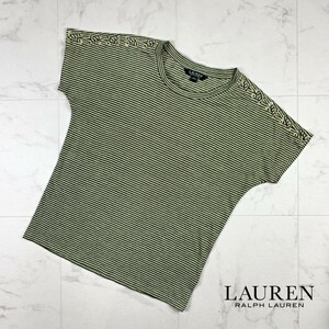 美品 LAUREN RALPH LAUREN ローレンラルフローレン ボーダー リネンコットン 半袖カットソー レディース トップス カーキ サイズXXS*HB470