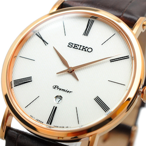 訳有特価！【SEIKO セイコー】SKP398P1 新品未使用 Premier プルミエ メンズ 海外モデル クォーツ 革 レザーベルト 2針 ブラウン男性腕時計